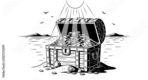 Bild auf Leinwand Treasure Chest Filled With Gold Coins and Jewels On Sandy Beach
