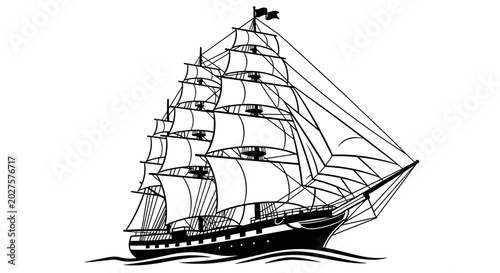Fotografie Vintage Tall Ship Sailing on Water, Black and White Illustration