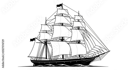 Foto Vintage Tall Ship Sailing with Full Sails, Nautical Illustration