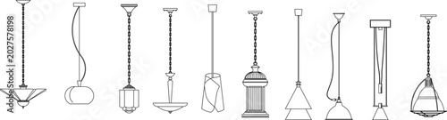 Photos Collection of diverse pendant light fixture symbols featuring various styles including lantern, classical column, modern organic, and geometric designs
