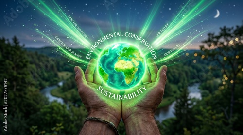Hands holding glowing green globe with radiant light beams promoting environmental conservation and sustainability