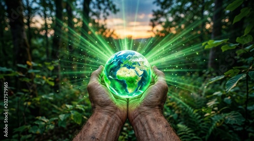 Hands holding glowing green globe with radiant light beams promoting environmental conservation and sustainability