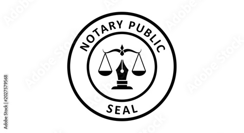 Fotografie Notary Public Seal Stamp with Scales of Justice and Fountain Pen