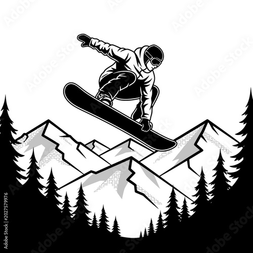 Snowboarder Jumping Over Mountains, Winter Extreme Sports Silhouette Art