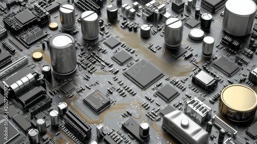 Macro view of modern electronic printed circuit board assembly featuring complex semiconductors and capacitors for computing hardware