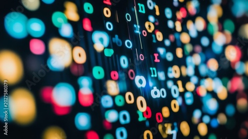 Abstract digital background featuring colorful glowing binary code symbols and abstract data patterns for technology and information science