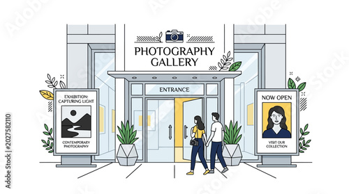 A man and a woman walking into a modern photography gallery entrance.