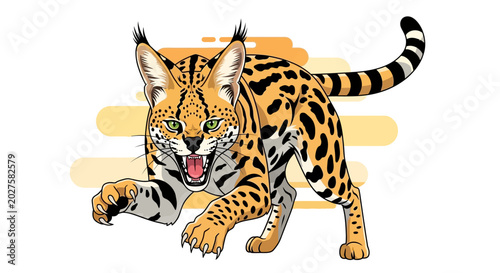 Aggressive Serval Cat Illustration, Wild Predator, African Feline