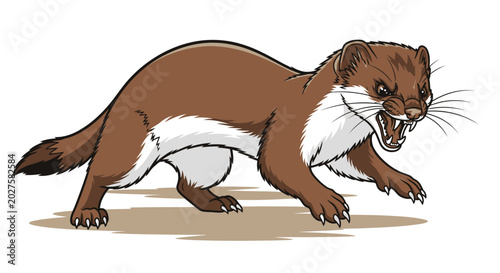 Photos Aggressive Weasel Illustration, Brown and White Predator Animal