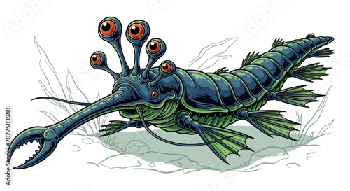 Foto Ancient Cambrian Sea Creature with Multiple Eyes and Pincers, Anomalocaris Illus