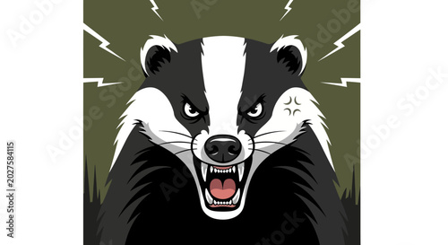 Tableau sur toile Angry Badger Face Close-up, Aggressive Animal Portrait, Wild Nature