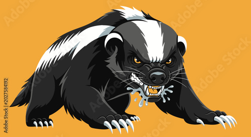 Fotografie Angry Honey Badger, Aggressive Wildlife Illustration, Fierce Animal, Orange Back