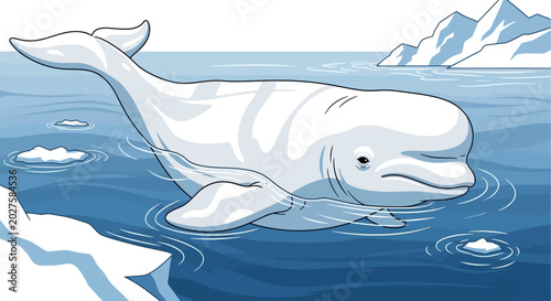 Obraz na plátně Beluga Whale Swimming in Arctic Ocean Amidst Icebergs, Cartoon Style