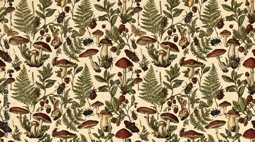 Botanical Pattern with Mushrooms Ferns and Berries for Nature Decor