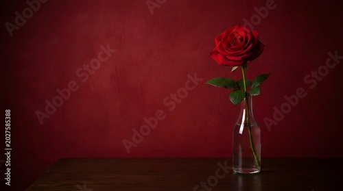 Elegant Single Red Rose in Clear Glass Vase Against Deep Red Wall Background