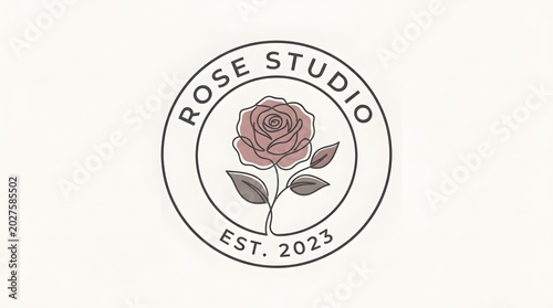 Elegant monochrome logo featuring a blooming rose with circular framing and modern text design