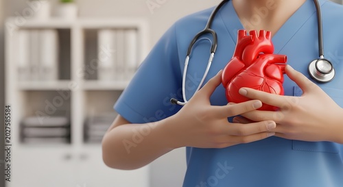 Doctor holding a red anatomical heart model in a medical setting.
