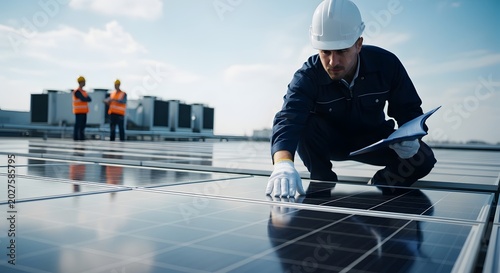Solar panel technician inspecting photovoltaic panels on rooftop.