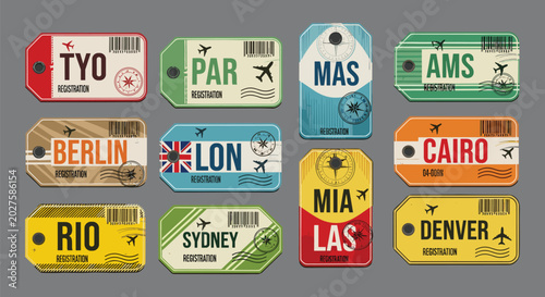 Travel luggage tag collection, global city artwork, airport code motif design, vintage tourism concept theme, decorative style, flat vector illustration