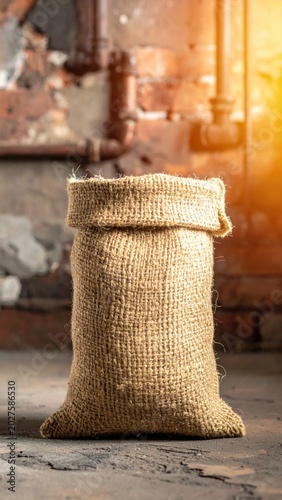 Burlap sack filled with grain sitting on concrete floor, rustic industrial warehouse background, storage and agriculture supply, harvest storage
