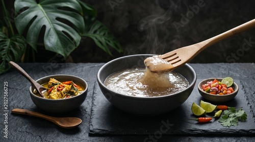 Elegant Papeda Sagu Papua presentation with modern rustic styling, suitable for gourmet branding, culinary campaigns, and Indonesian food editorials.