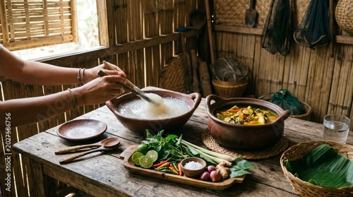 Authentic Papeda dining atmosphere in rustic Papua interior, ideal for tourism campaigns, cultural storytelling, and heritage food promotions.