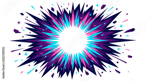 Vibrant purple, pink, and blue explosion of colorful paint splatters on white background