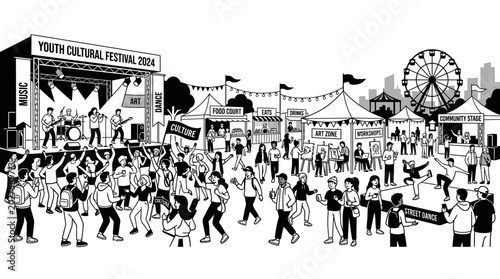 Black and white illustration of a youth cultural festival with live music and dancing crowd.