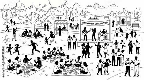 Black and white line art illustration of a community park celebration.