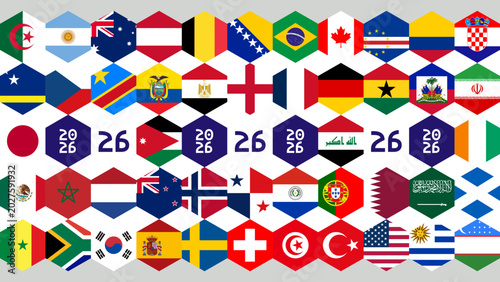 Foto International Football Tournament 2026 Poster Template with All Participating Country Flags in Hexagonal Shape