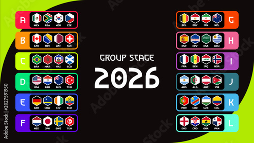Fotografie 2026 Soccer world tournament groups table template with all participating countries