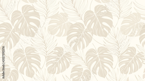 Monstera leaf pattern, beige and white tropical illustration