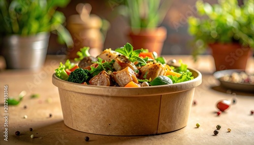 Salad in a Cardboard Bowl with Meat and Vegetables