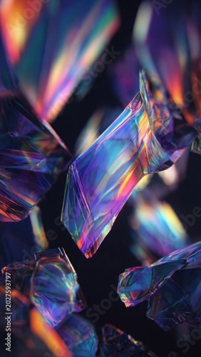 Iridescent Crystal Fragments Floating in Dark Space