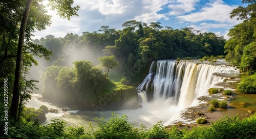 Sunlight Pierces Through Mist Over a Majestic Tropical Waterfall Gorge