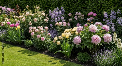 Pastel Harmony in a Lush Garden Border with Peonies, Roses, and Tulips