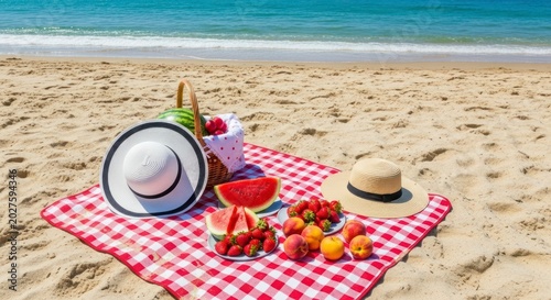 Romantic Summer Picnic for Two on a Sandy Beach by the Turquoise Ocean
