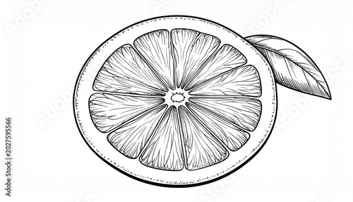 Detailed Black and White Drawing of a Citrus Fruit Slice.