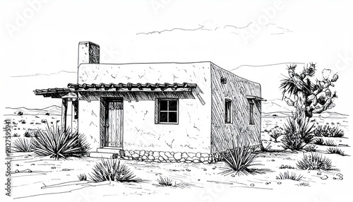 Detailed Pen and Ink Sketch of a Desert Adobe House.