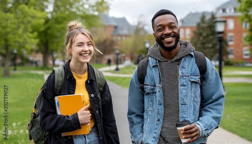 Two smiling young students, a woman and a man, walk outdoors on a sunny day on a college campus, carrying backpacks and books