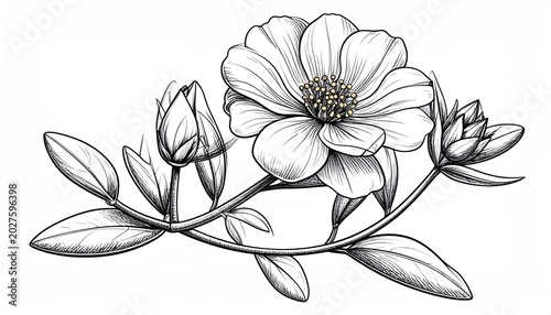 Elegant Floral Sketch - A Detailed Botanical Illustration of Blooming Flowers and Buds.