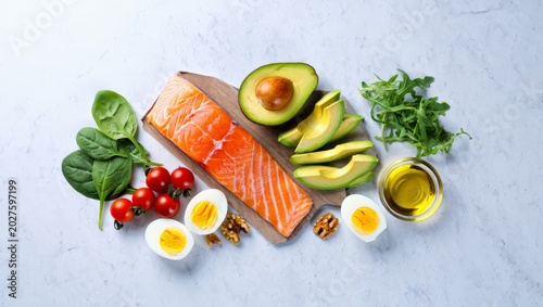 Tableau sur toile Overhead keto diet flat lay featuring a salmon fillet, sliced avocado, hard-boiled eggs, cherry tomatoes, spinach, arugula, walnuts, and olive oil on a white marble surface