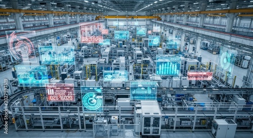 Futuristic Smart Factory with Holographic UI Monitoring an Automated Assembly Line