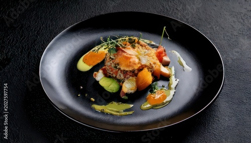 Exquisite Plate of Gourmet Food - A Culinary Masterpiece on Black.