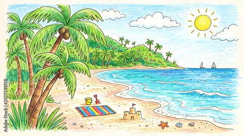 Panoramic view of a bustling tropical beach with palm trees and ocean views