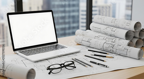 Professional architectural workstation featuring laptop with blank display on drafting desk with technical blueprint graphite pencil and eyeglass within contemporary creative studio office