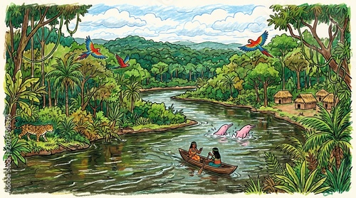 Canoeing expedition down a lush jungle river with diverse wildlife, boat trip