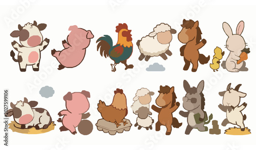 Tableau sur toile Adorable Farm Animals Cartoon Vector Collection for Nursery and Kids Illustratio