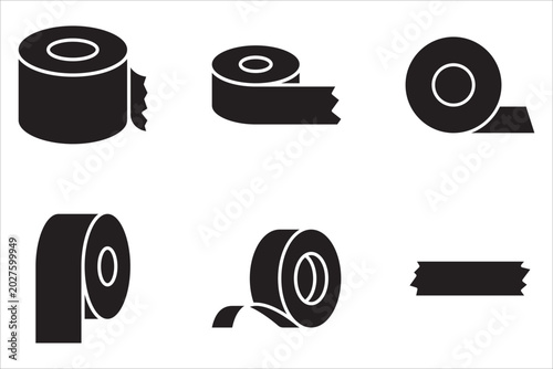 Tape icon set. Adhesive tape icon concept. Tape roll in black and white. Vector illustration on a white background.
