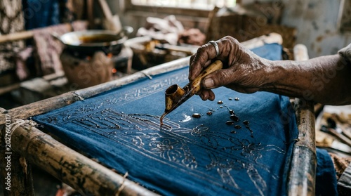 Artisan Hand Applying Gold Leaf Detail to Blue Fabric Design